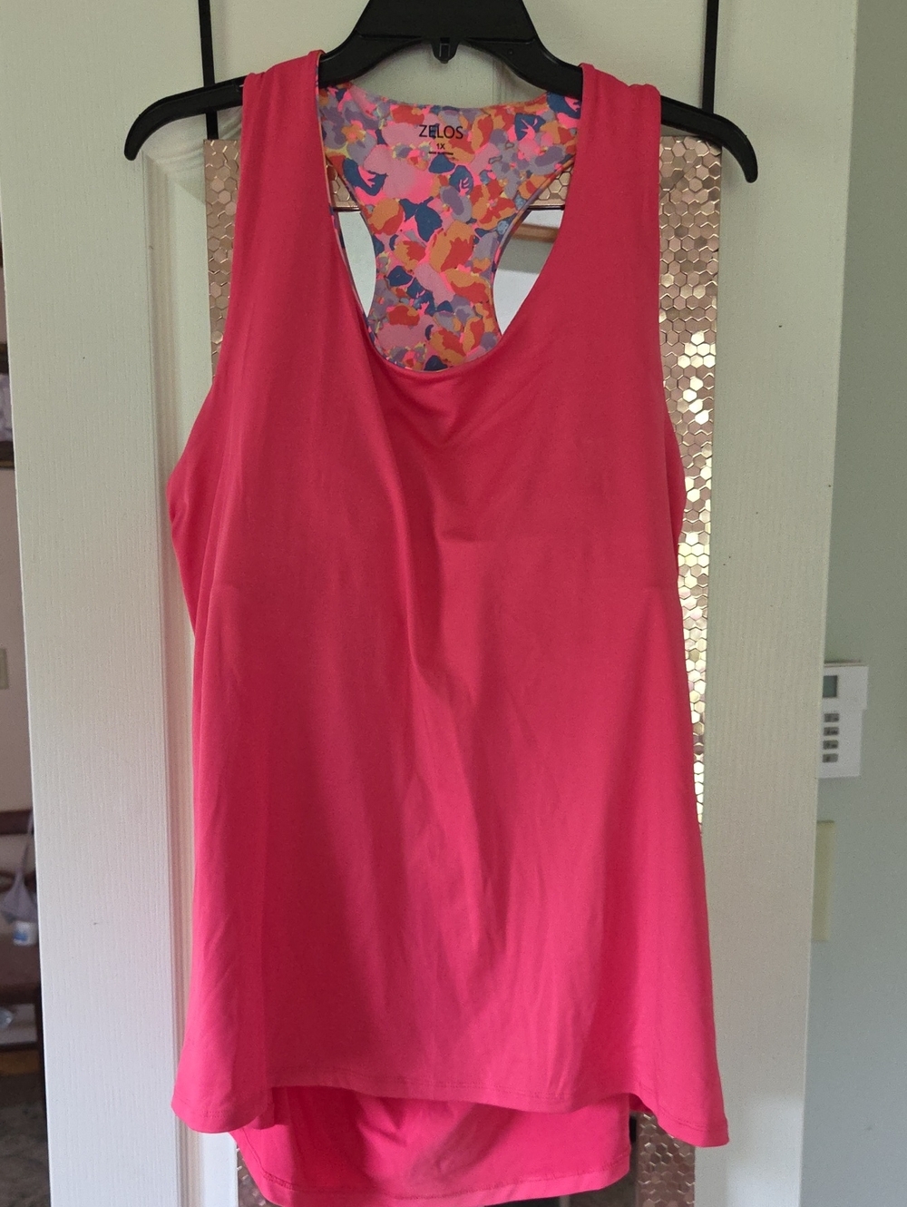 ZELOS Hot Pink Racerback Tank with Colorful Printed Back